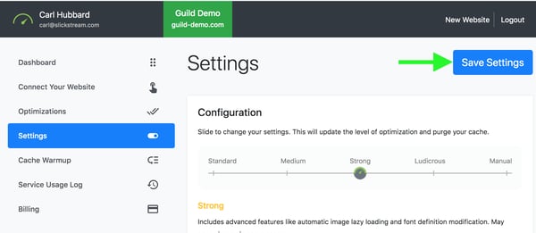 Nitropack - save settings