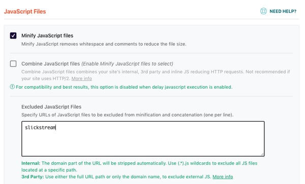 Slickstream WP Rocket settings