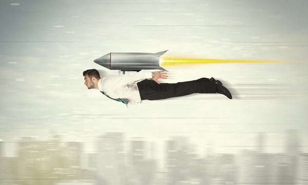 Superhero business man flying with jet pack rocket above the city concept-1
